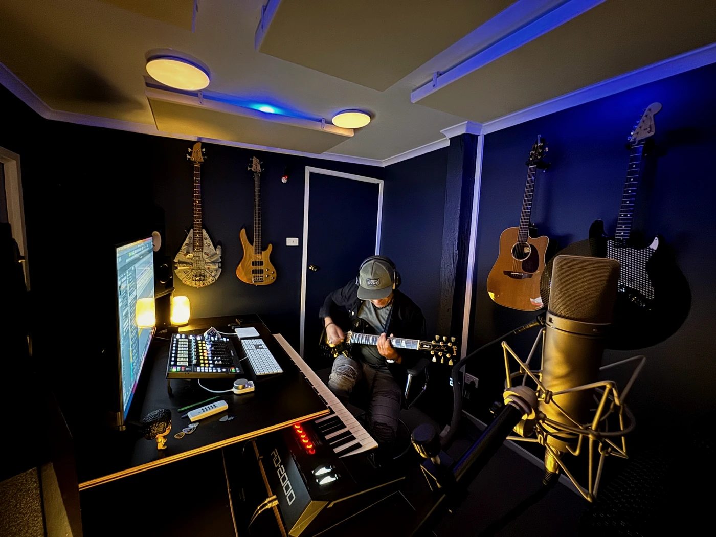 Steve Rault playing a Les Paul in the control room